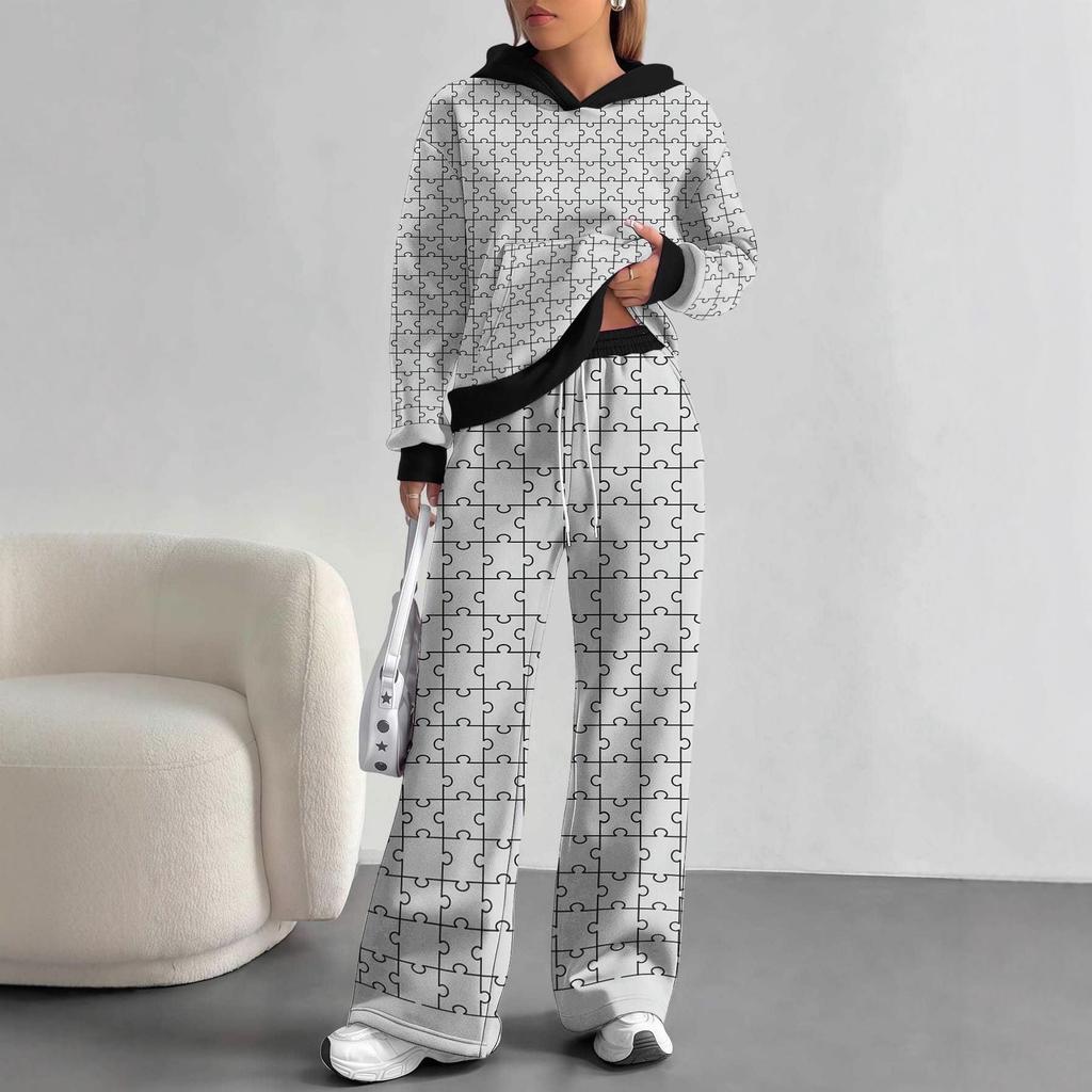 Square Splicing European, American Autumn and Winter Casual Long-sleeved Suit Women's Hooded Sweater Trousers Two-piece Set