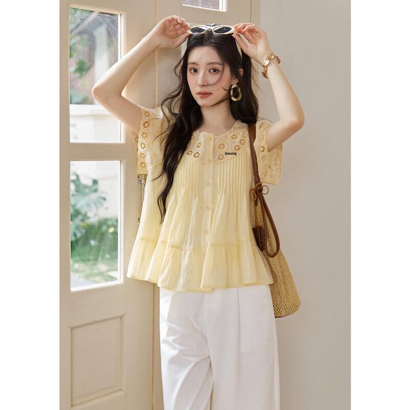 Mioxu Yellow Embroidered Tencel Short Sleeve Shirt
