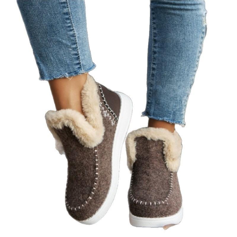 Winter Women's Cotton Shoes Large Size Velvet Thickened Burr Warm Flat Cotton Shoes