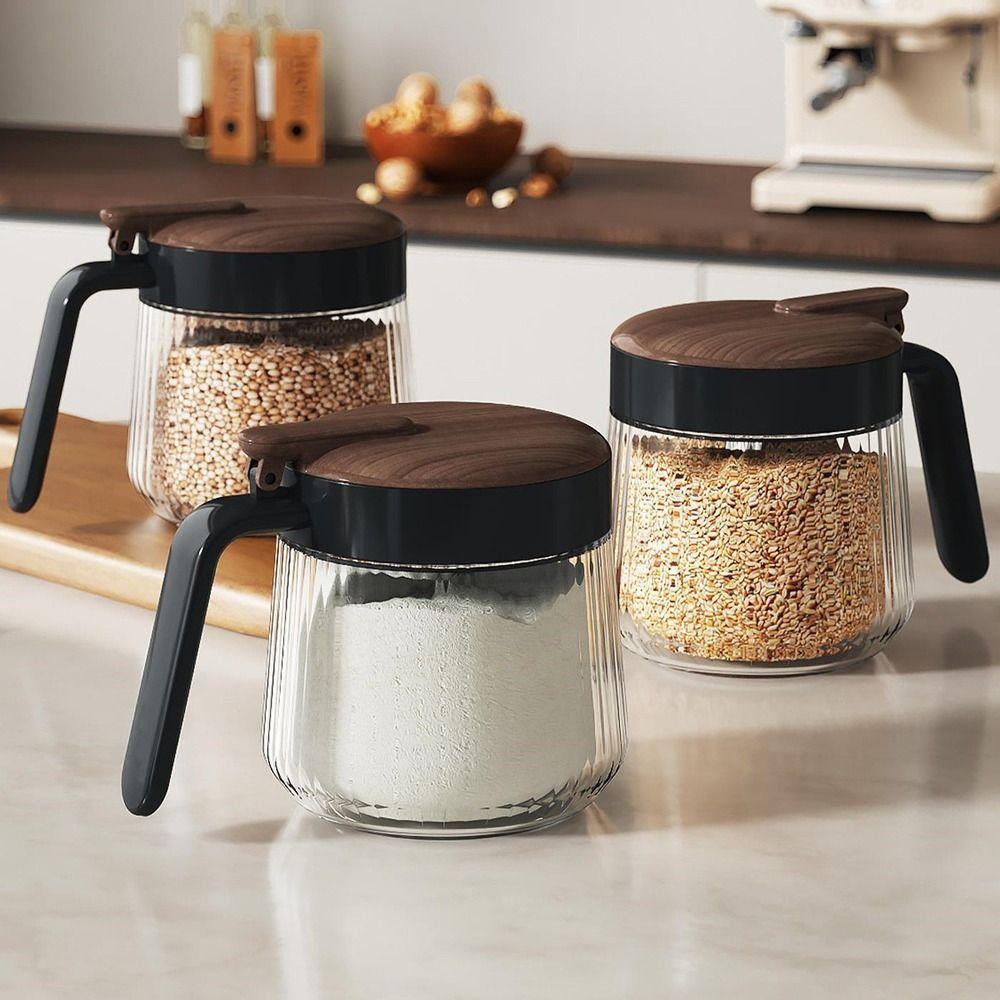 Wood Grain Lid Spices Glass Jar Glass Material Seasoning Boxes Seasoning Container  Kitchen Storage
