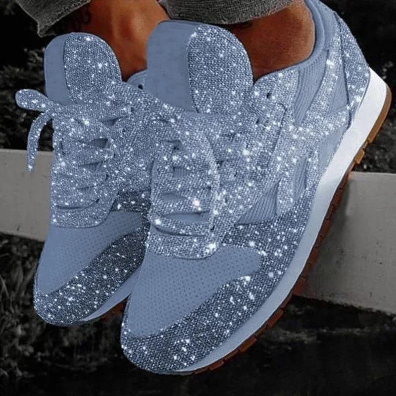 2025 New Women Flat Sneakers Casual Bling Vulcanized Shoes Women Mesh Lace Up Platform Plus Size Fashion Outdoor Woman Shoes