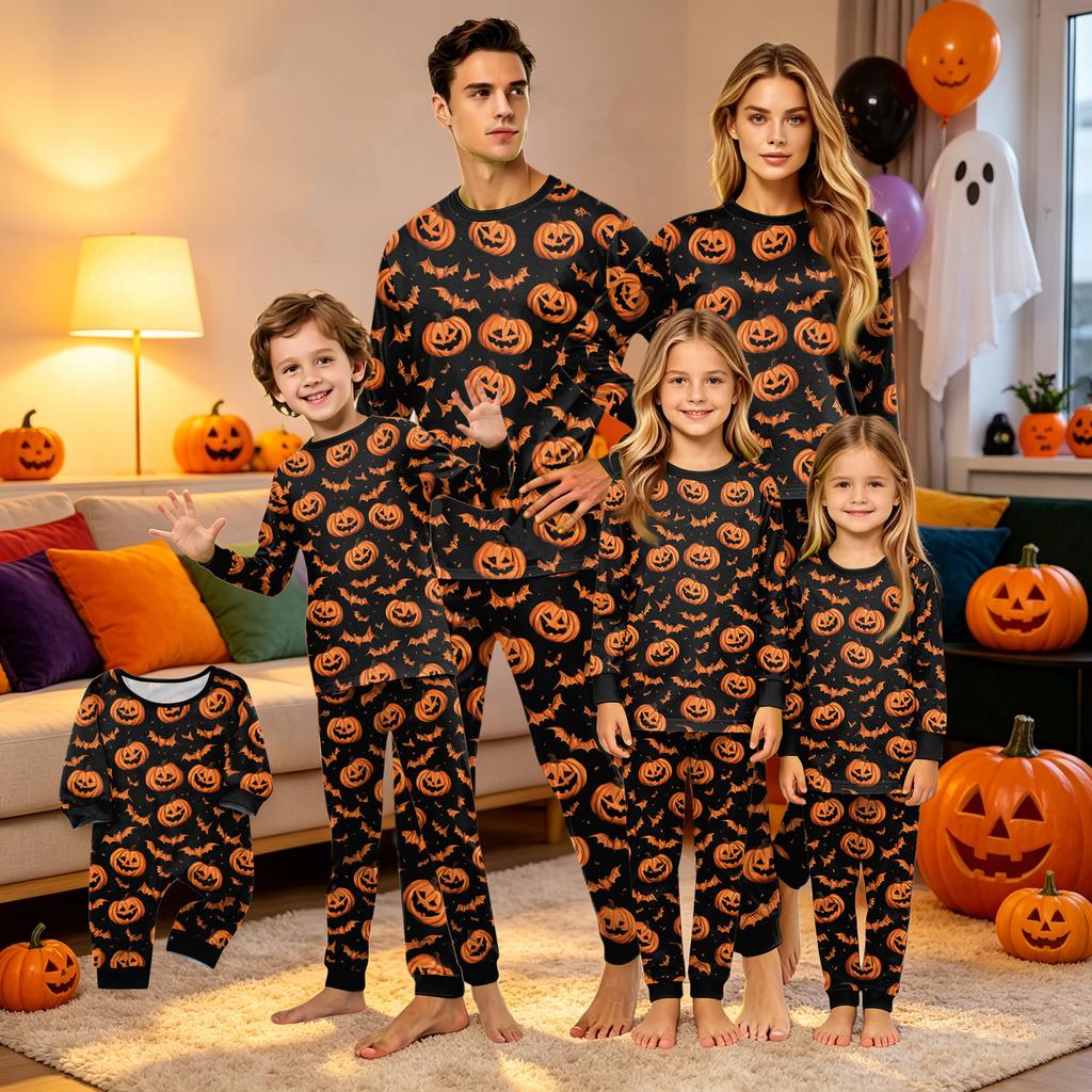 Family Matching Halloween Printed Pajama Set, Long Sleeve Top and Pants for Mom and Kids