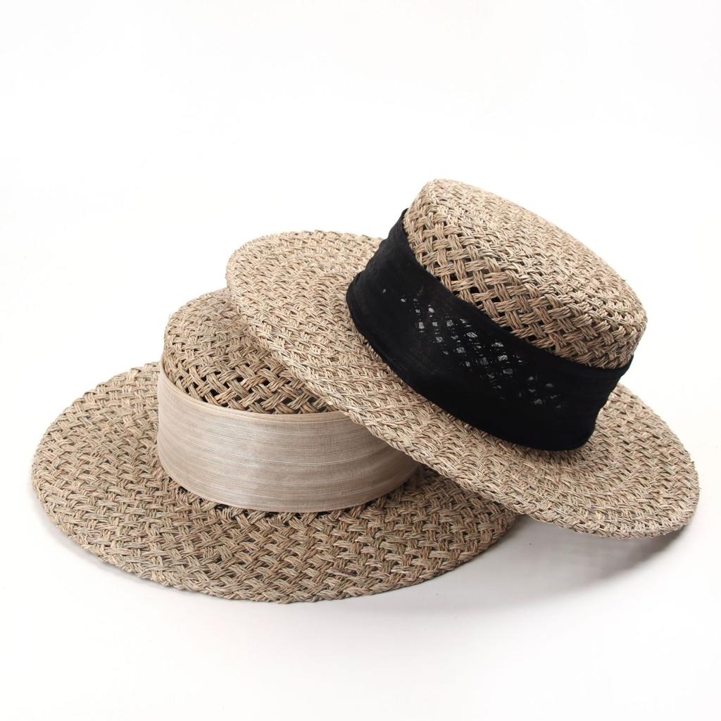 European and American seaweed hemp yarn decorative straw hat hollow breathable sun hat women summer travel sun protection beach hat