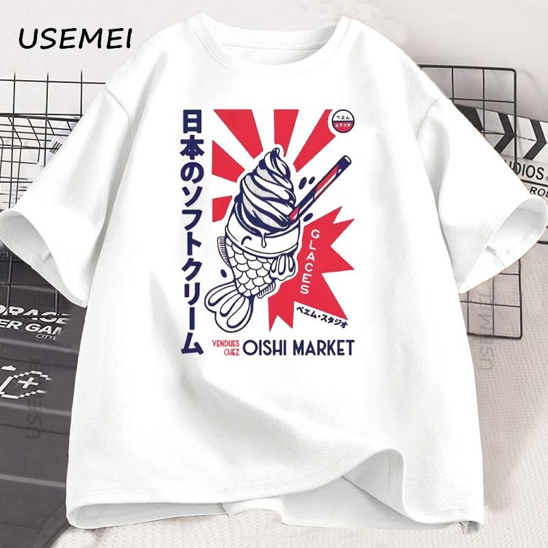 Japanese Foodie Fish Print T-Shirt Men Women Breathable Round Neck Short Sleeve T Shirt Casual Cotton Mens Clothes Strretwear