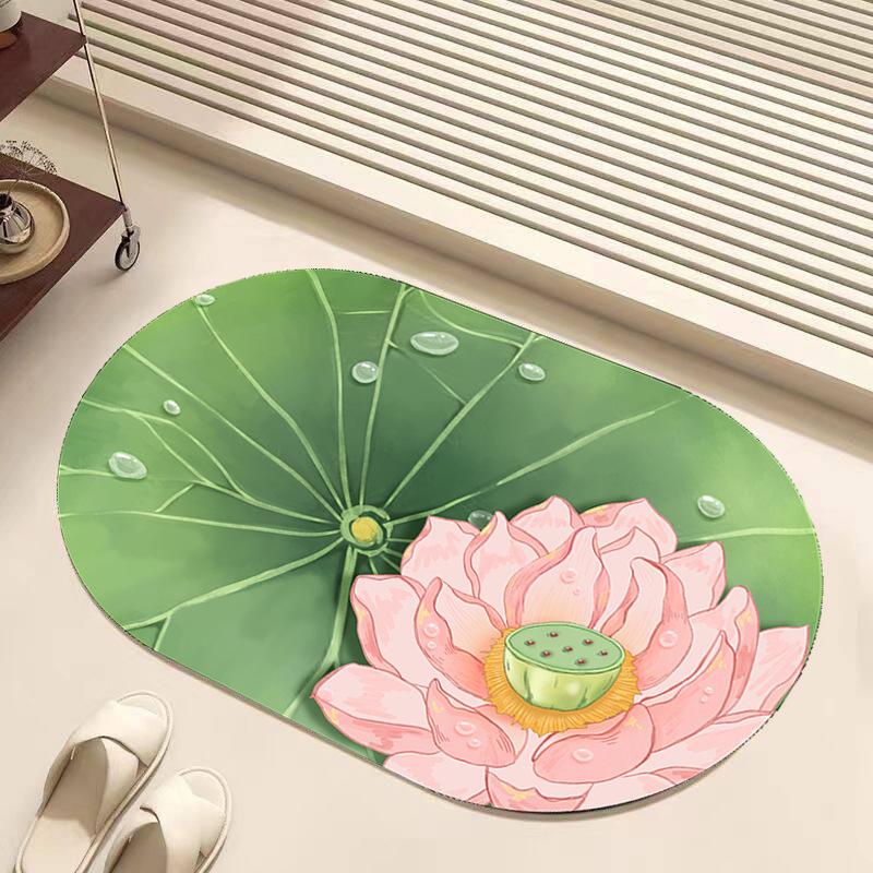 New Chinese Oval Lotus Bathroom Floor Mat Toilet Diatom Mud Floor Mat Anti-slip Absorbent Kitchen Foot Mat