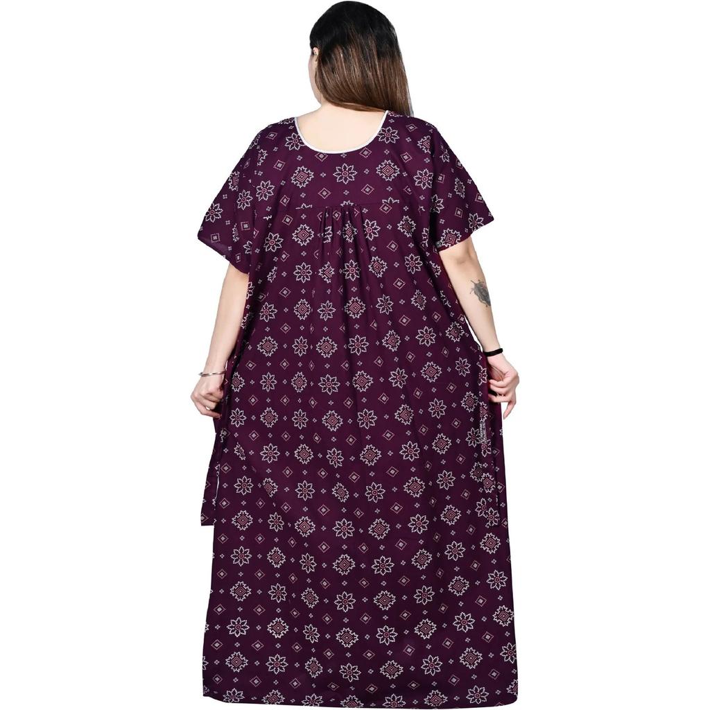 Purple Floral Printed Cotton Night Gown Indian Women Summer Night Wear Nighty