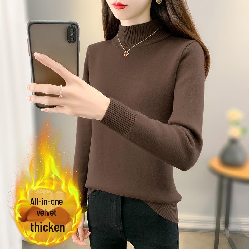 Women's 2025 Autumn/Winter Half-High Collar Velvet Knit Sweater - Thick, Warm Base Layer Fleece Pullover