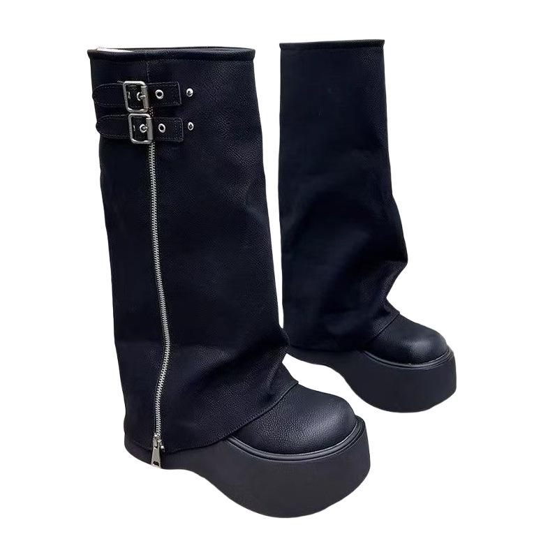 Women's 2025 Petite Retro Thick-Soled Martin Boots: Slimming Over-the-Knee Stacked Long Boots for Autumn/Winter