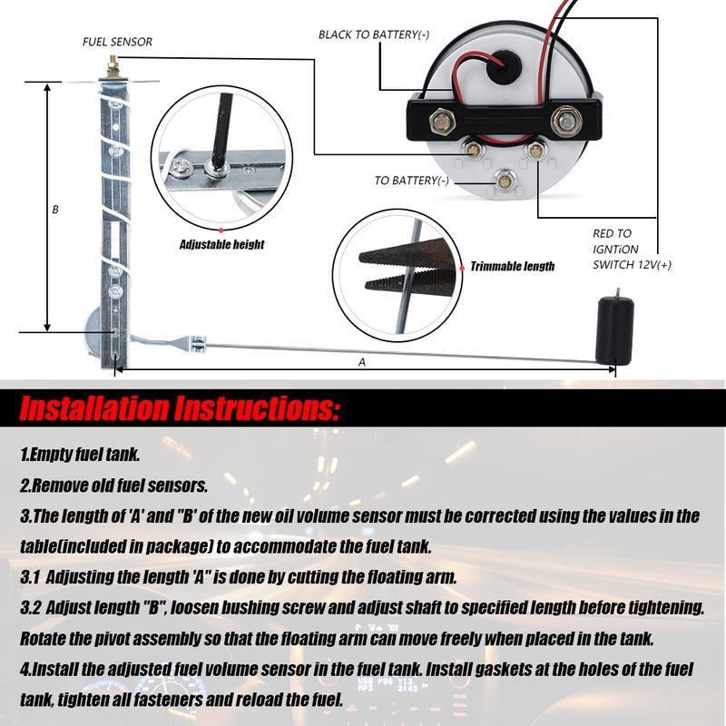 Universal 2" 52mm Fuel Level Gauge Car Vehicle Meter with Fuel Float Sensor White LED Light Black Shell Automotive Gauges 12V