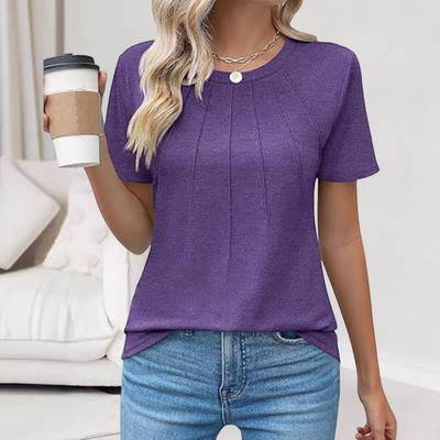 Haut d'été à col rond et manches courtes pour femme, couleur unie, plissé, coupe ample, chemisier décontracté pour le quotidien, les déplacements, les voyages, le sport