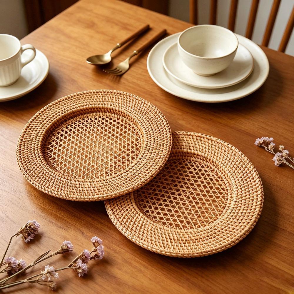 Vintage Tableware Mat Decorative Snack Serving Tray Nordic Handwoven Rattan Tray  Living Room