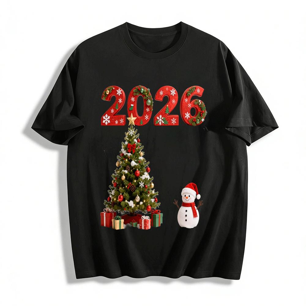 2026 Christmas Print Top Snowman Xmas Tree Holiday Sweatshirt Pure cotton T-shirt XXS