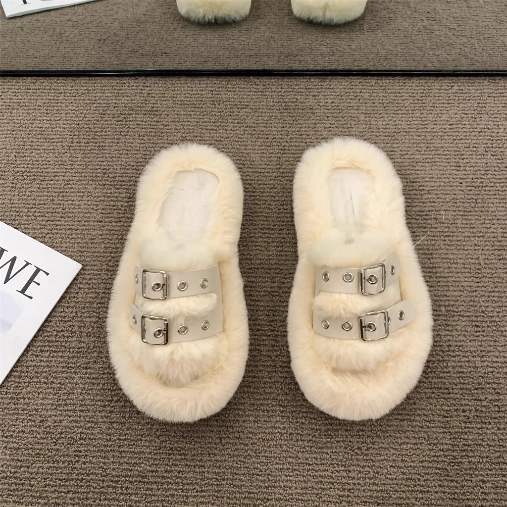 Vielseitige flauschige Hausschuhe mit dickem Boden für Damen, Herbst und Winter 2025, neu, rutschfest, für zu Hause, Ein-Wort-Out, Plüsch-Baumwoll-Mopp