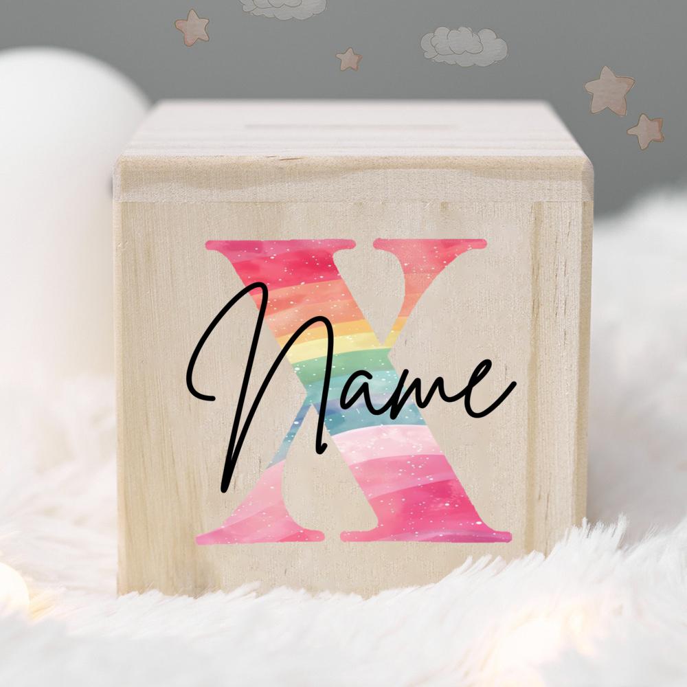 Personalized Money Box Kids Money Boxes Rainbow Letter with Name Coin Collection Box Wooded Coin Bank Child Birthday Shower Gift