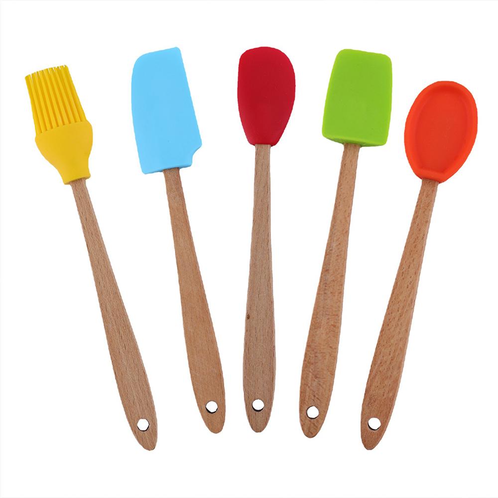 

Набор из 5 маленьких силиконовых лопаток Мини-лопатка Деревянная ручка Термостойкая ложка Ложка для соскабливания Кухонная утварь для выпечки