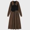 Hepburn-Style Long-Sleeve Midi Dress: Chic Autumn Design, Slimming High Waist, Plus Size, Fake Two-Piece Look