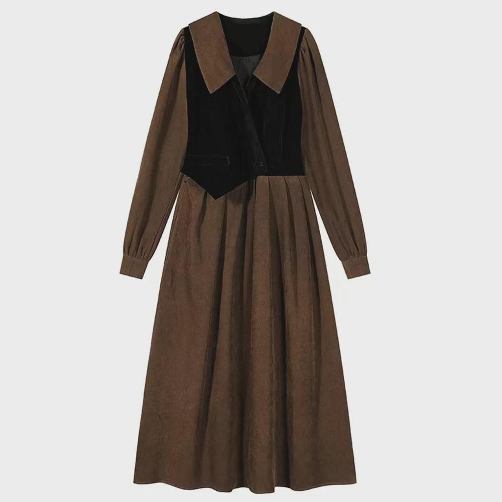 Hepburn-Style Long-Sleeve Midi Dress: Chic Autumn Design, Slimming High Waist, Plus Size, Fake Two-Piece Look