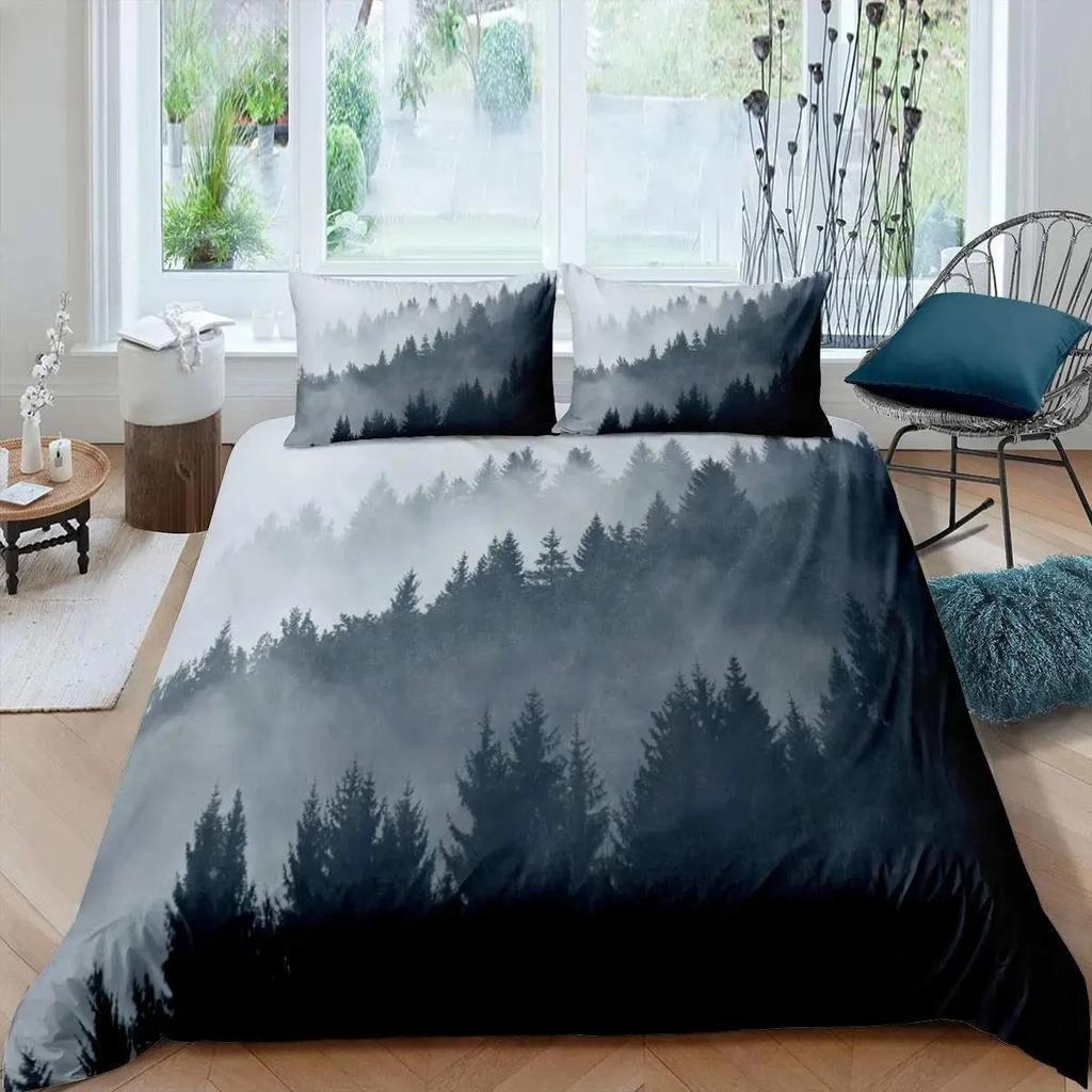 Dumanlı Dağ Nevresim Takımı Çam Ağaçları Yorgan Kılıfı Erkek Çocuk Manzara Yorgan Kılıfı Doğal Manzara Sanat Polyester Yatak Takımı