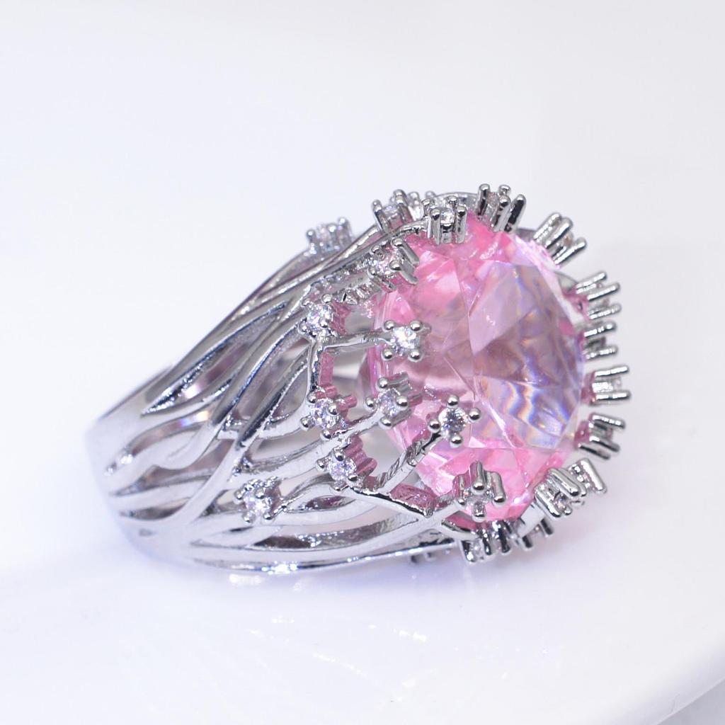 Zhenrong Hot-Selling Pink Crystal Tree Branch Ring - European & American Creative Exaggerated Design for Women