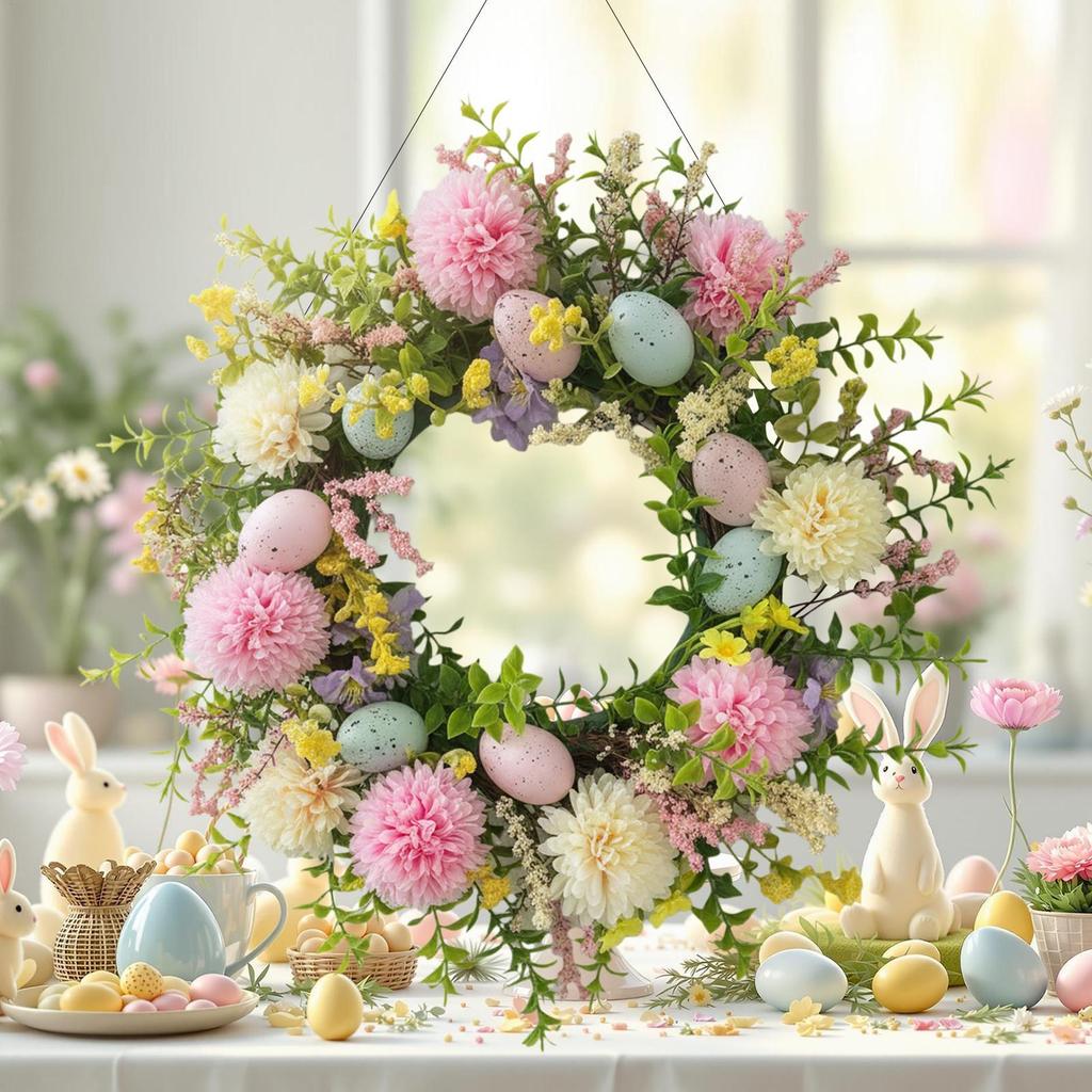 Easter Spring Wreath 15.75inch Colorful Eggs & Daisies Garland Artificial Floral Wreath for Front Door Porch Home Outdoor Decor