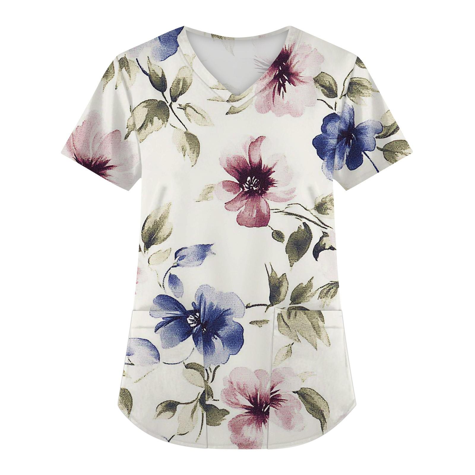 

Женская мода с коротким рукавом и V-образным вырезом с карманами и цветочным принтом Топы Одежда M винный