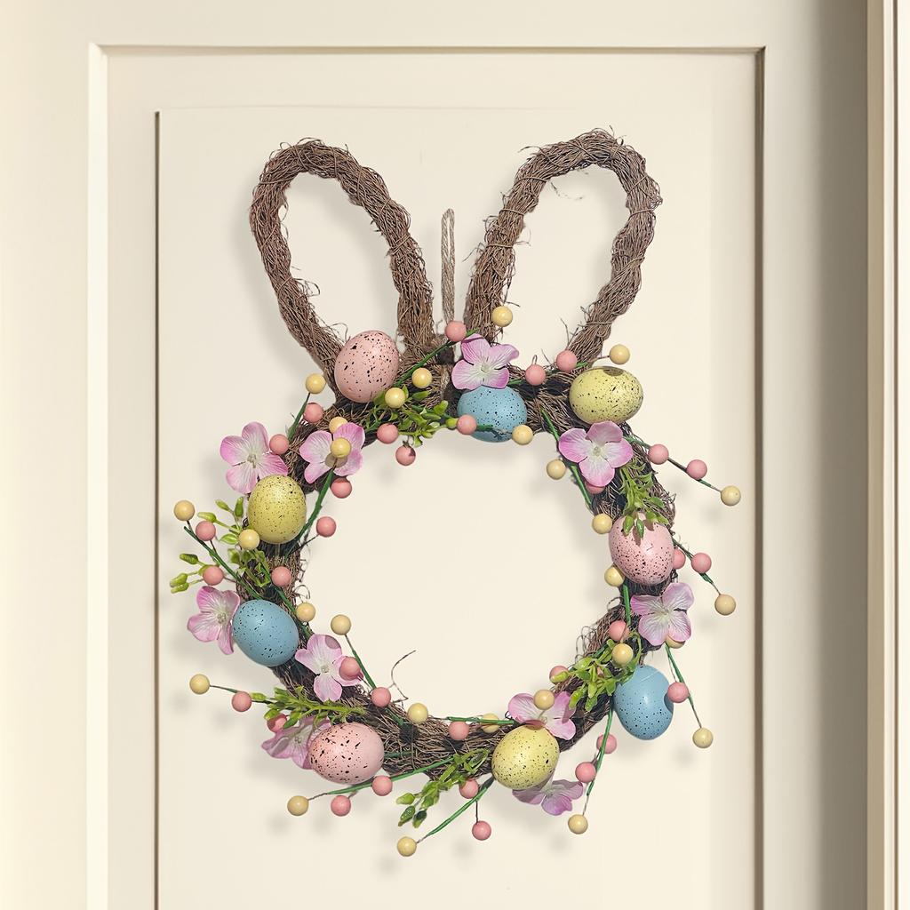 16 Inch Easter Bunny Wreath for Front Door Artificial Floral Wreath with Eggs and Flowers for Easter Decorations