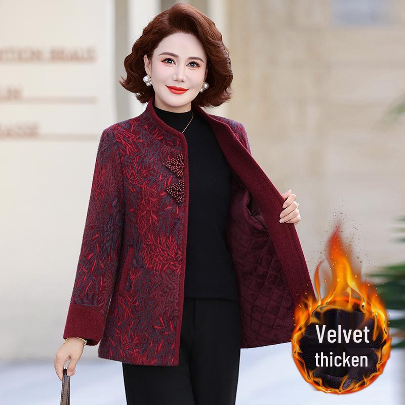 

Хлопковое пальто большого размера на флисовой подкладке для женщин среднего и пожилого возраста - Теплая зимняя и осенняя куртка с воротником-стойкой 2XL красный