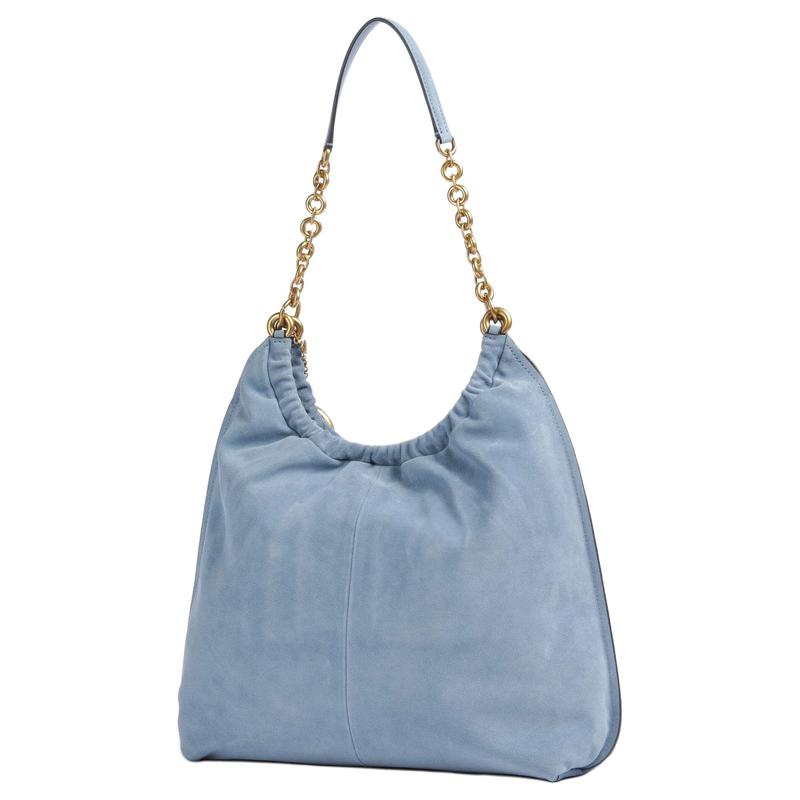 Michael Kors Lillie logo hanger suède schoudertas dames lichtblauw