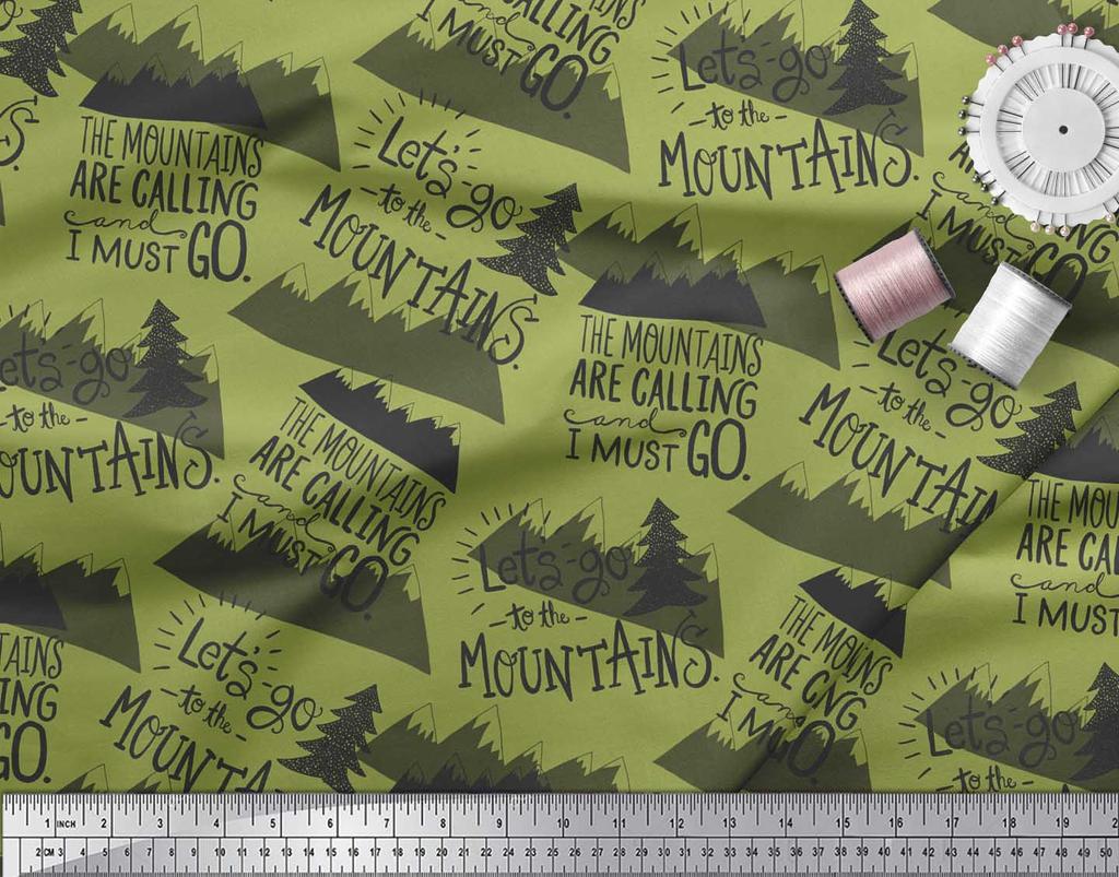 Soimoi Green Japan Crepe Satin Fabric Mountains & Text Printed Fabric 1 metre 42 Inch