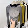 Splicing Contrasting Color Round Neck Long-sleeved Shirt Women's Spring Slim-fitting Chic Inner Bottoming Shirt Autumn and Winter Button-up Top