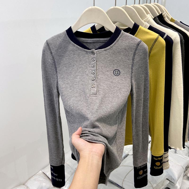 Splicing Contrasting Color Round Neck Long-sleeved Shirt Women's Spring Slim-fitting Chic Inner Bottoming Shirt Autumn and Winter Button-up Top