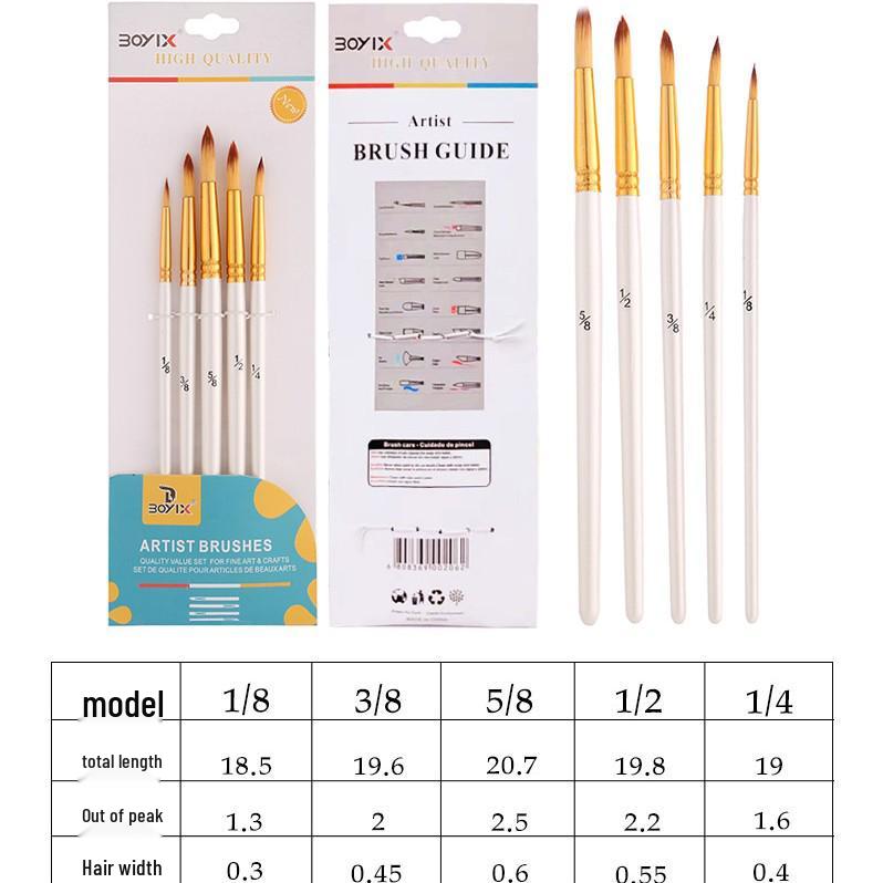 Boyi Xuan 5-Piece Orange-Tipped Nylon Painting Brush Set for Gouache, Acrylic, and Oil.