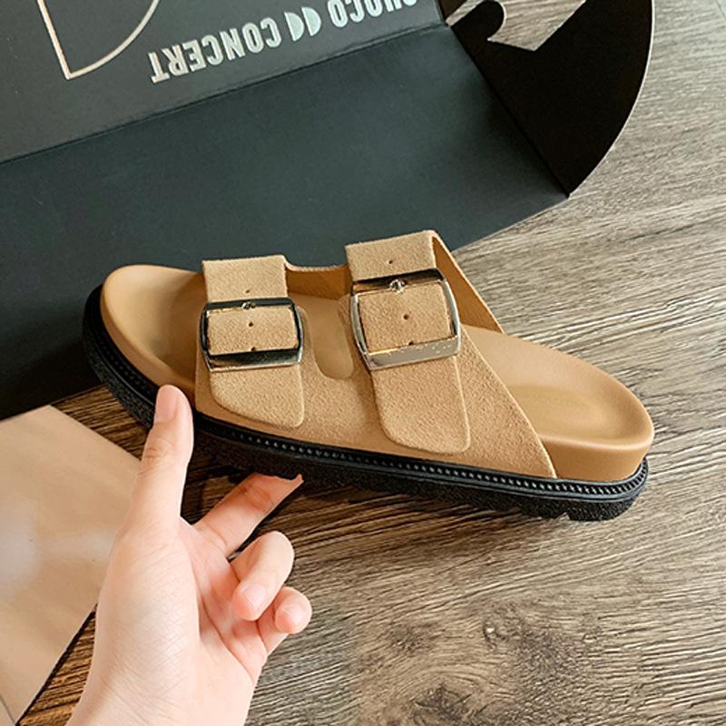 Leather Boken slippers women's sandals outside Texas holiday~ retro thick-soled double buckle with soft bottom stepping on shit slippers