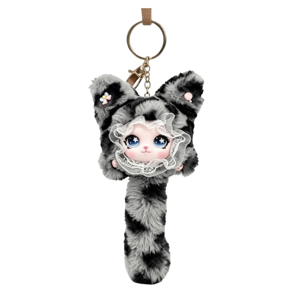 Leopard Print Furry Cat Pendant Long Tail Bag Charms Cartoon Cat Plush Toy Bag