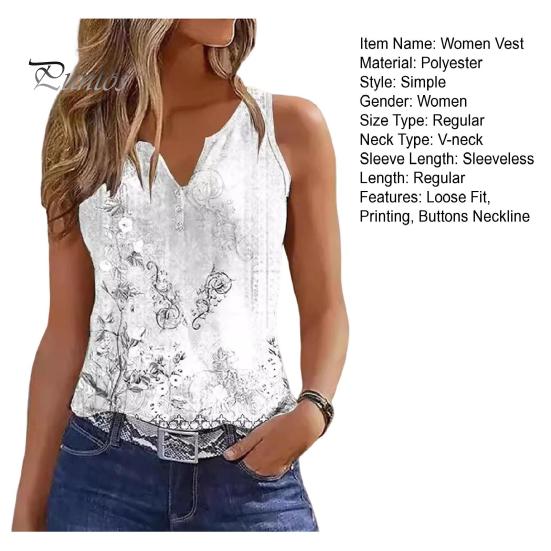 Women Summer Vest V-Neck Sleeveless Floral Print Tank Tops Buttons Neckline Loose Fit Casual Camisole Streetwear
