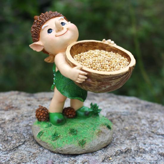Forest Elf Bird Feeder Resin Elf Figurine with Walnut Bowl Wild Bird Feeding Bowl Garden Statue for Courtyard Outdoor Decor