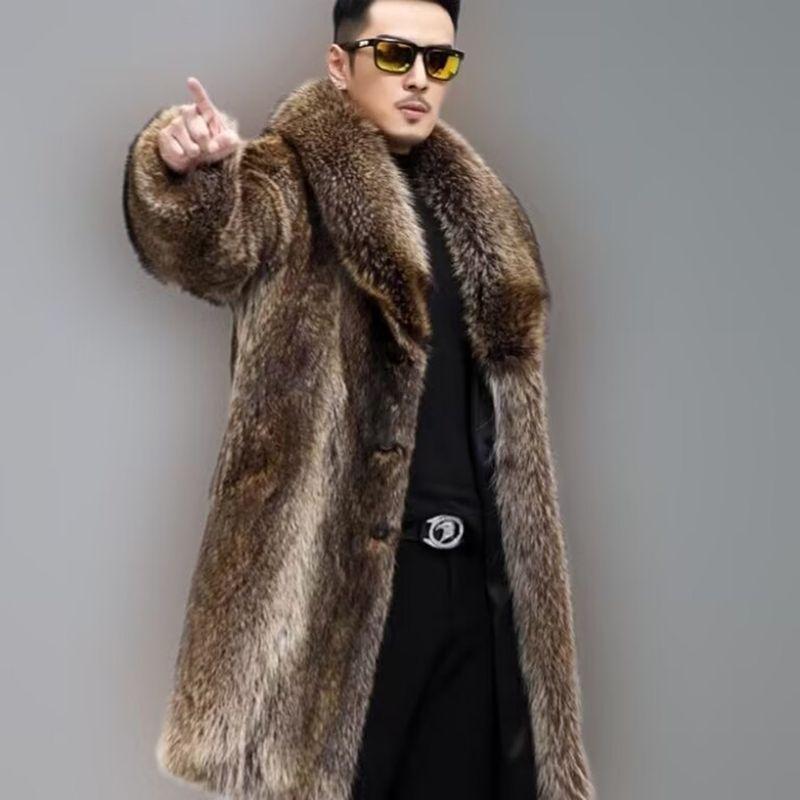 

2025 Зимний Новый Стиль Пальто из Искусственного Енота Длинное Мужское Искусственный Мех Волка Модное Пальто из Минка с Лацканами Three-Color Hair Dye Tip XL