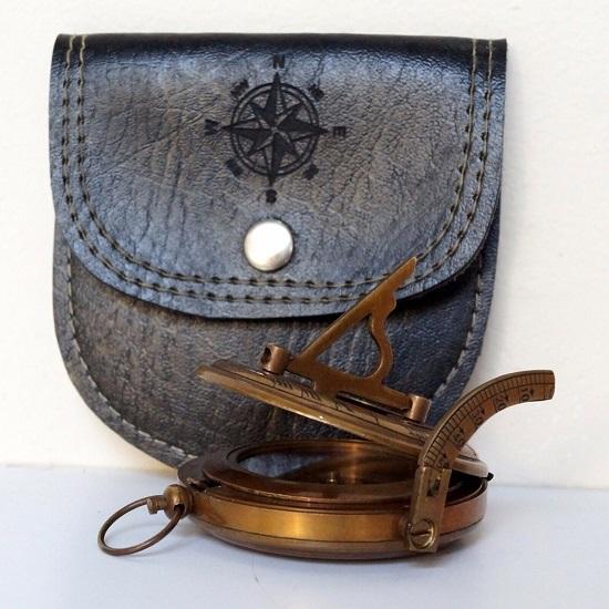 Cadran solar magnetic antic 3 inch busolă cu carcasă din piele neagră cadou lucrat manual