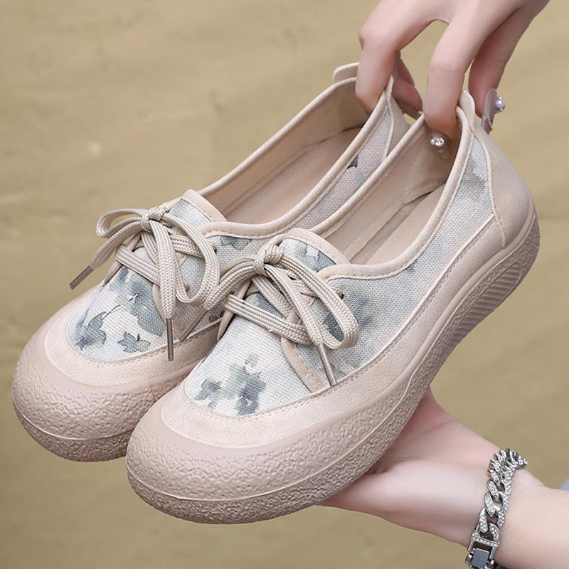 Fashion Spring and Autumn Women Flat Cloth Shoes Lace-up Round Toe Casual Shoes Comfortable and Breathable Outdoor Non-slip Sneakers