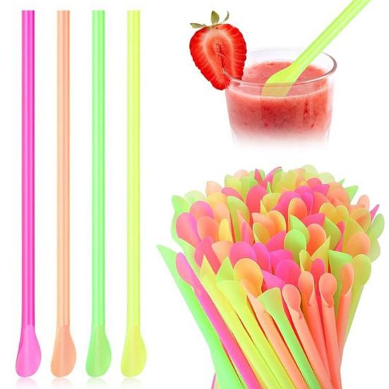 50/100Pcs Spoon Straw for Smoothie, 2 in 1 Disposable Straw with Spoon, Plastic Slush Straw for Milkshake Bubble Tea