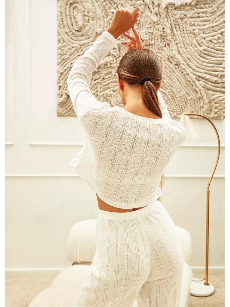 European Fashion Long Sleeve Jacquard Pajama Set with Hollow Design - Sexy Slim Fit Long Pants Home Wear