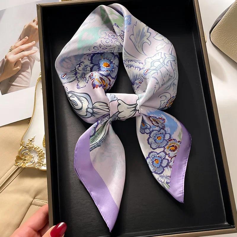 New Purple Luxury Floral Print Silk Square Scarf Women Soft Satin Hairband Hands Bag Ribbons Foulard Neckerchief Headband Hijab