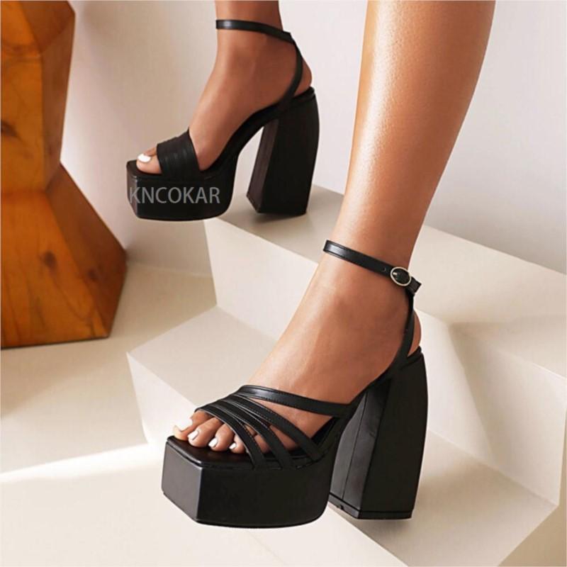KNCOKAR 2025 new spring and autumn simple thick-soled high-heeled solid color fashion sandals 34-43 large size