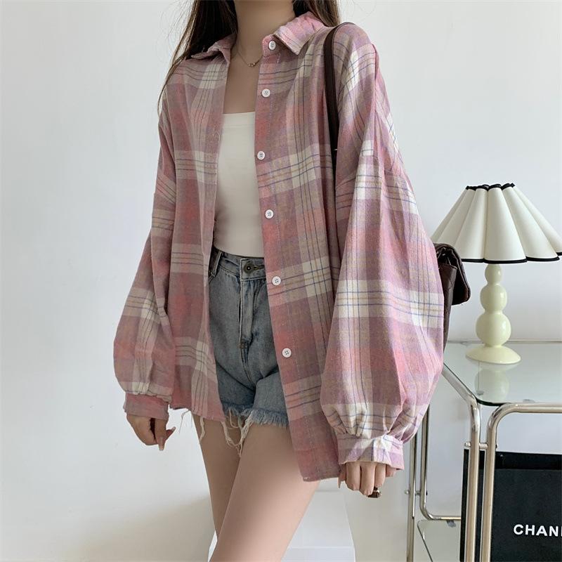 Dames Retro Geruit Overhemd Lange Mouw Met Kraag Knoopsluiting Oversized Geruit Overhemdjas Tiener Meisje Lente Zomer Outfit