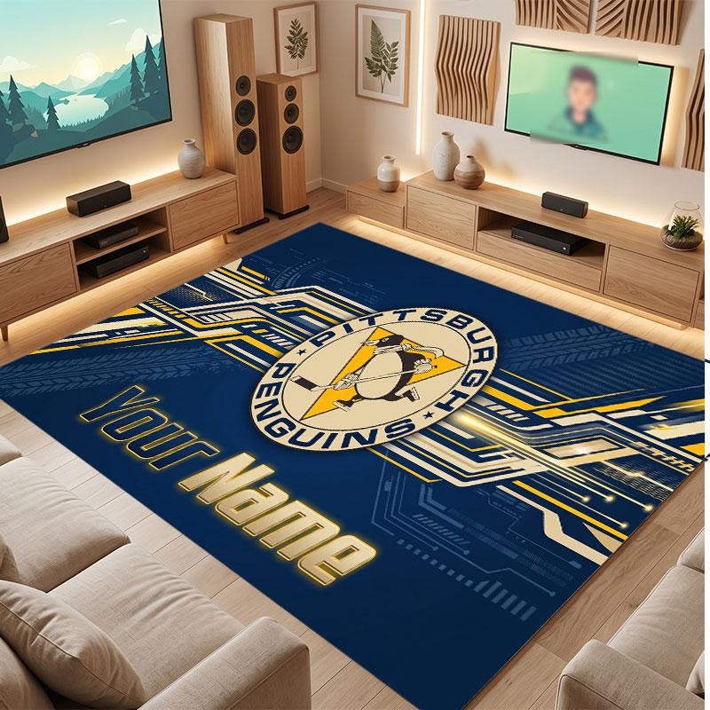 Pittsburgh Penguins Personalized Crystal Velvet Carpet, Customized Name Text Soft Anti‑Slip Rug for Living Room Bedroom