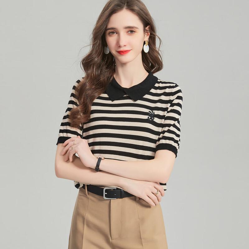 Snowforte Women's Striped Wool Blend Short-Sleeve Polo Knit Top