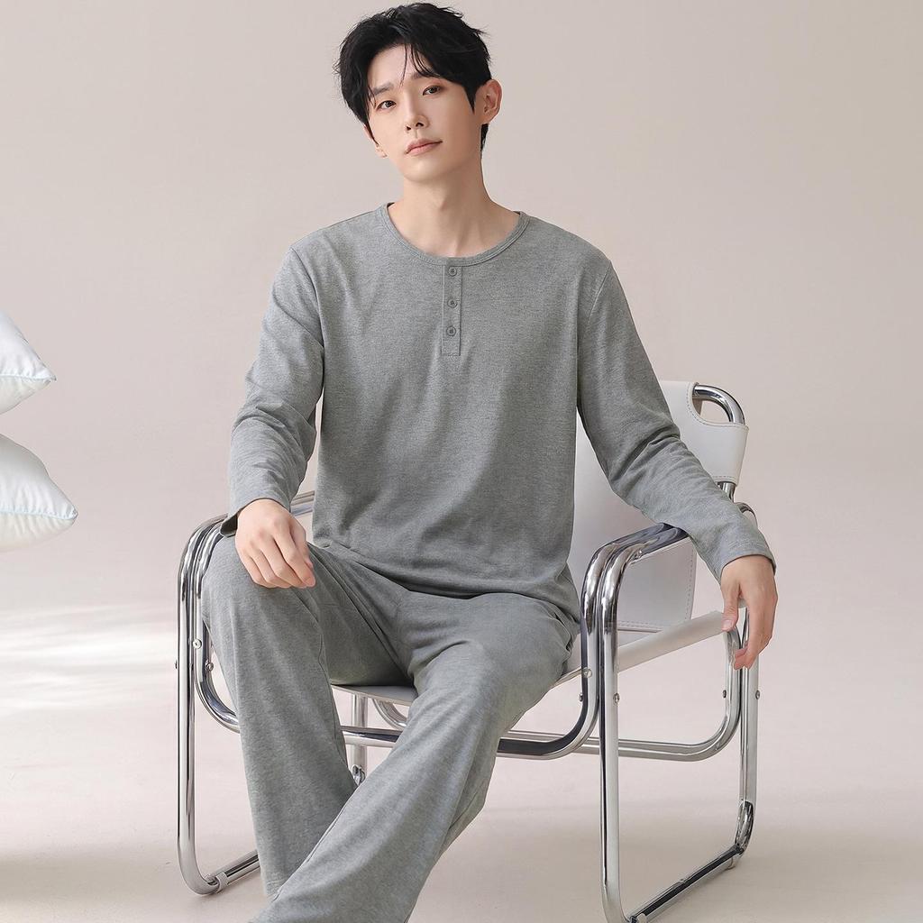 2026 Spring Men's Pure Cotton Casual Pajamas - Solid Color, Round Neck, Indoor/Outdoor Wear