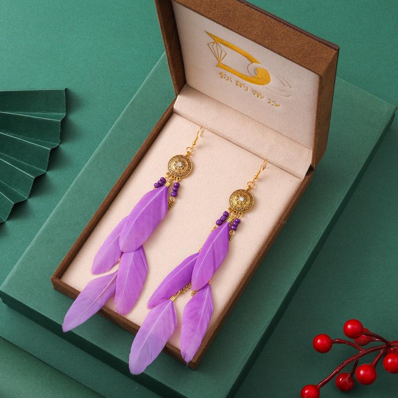 Bohemian Ethnic Long Feather Earrings For Women Retro Elegant Colorful Rhinestone Crystal Drop Earring Female Jewelry Pendientes