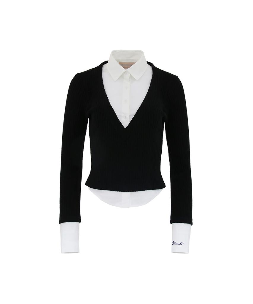 Odeuwonaus Layered V Neck Knit Shirts White/Black