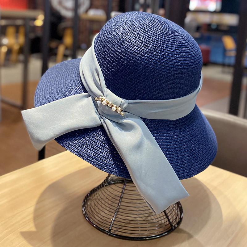 

Женская летняя соломенная шляпа, складная пляжная шляпа, шляпа от солнца для защиты лица, шляпа-федора с жемчужным бантом, шляпа от солнца Adjustable56-58cm
